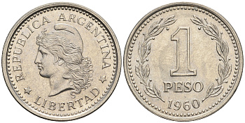 Аргентина 1 песо 1960 голова свободы влево KM 57 сталь плакированная никелем 87-345