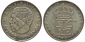 Швеция 1 крона 1966 U, Густав VI Адольф (1950-1973) KM 826 серебро 4178-511