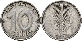 ГДР 10 пфеннигов 1950 A KM 3 алюминий 24-725