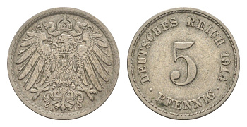 Германия 5 пфеннигов 1914 A, Вильгельм II (1888-1918) KM 11, J.12 медно-никель 4644-1068