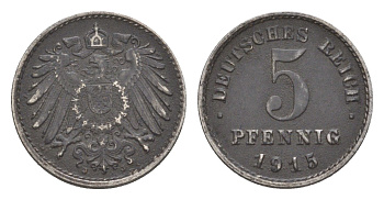 Германия 5 пфеннигов 1915 J, Вильгельм II (1888-1918) KM 19, J. 297, Weege 5 железо плакированное цинком 4640-155