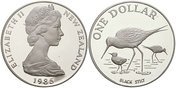 Новая Зеландия 1 доллар 1985 птица черный ходулочник (Black Stilt), Елизавета II (1952-2022) KM 55 a серебро PROOF 1080-4-24