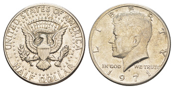 США 1/2 доллара (50 центов) 1971 D, Джон Кеннеди KM 202b медь плакированная медно-никелем aUNC 221-823