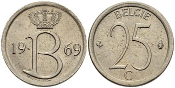 Бельгия 25 сантимов 1969 Belgie, Бодуэн I (1951-1993) KM 154.1 медно-никель 4528-1012
