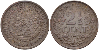 НИДЕРЛАНДЫ 2 1/2 ЦЕНТА 1941 ВИЛЬГЕЛЬМИНА KM 150 бронза 31-955