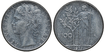 ИТАЛИЯ 100 ЛИР 1977 R , АФИНА KM 96.1 нержавеющая сталь 72-923