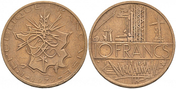 Франция 10 франков 1979 тип Матье KM 940, Le Franc 365.13-14 никель латунь 3855-726