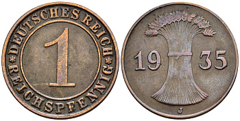 Германия 1 рейхспфенниг 1935 J KM 37, J. 313, Weege 2 бронза 4547-222