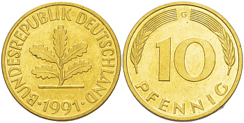 ФРГ 10 ПФЕННИГОВ 1991 G KM 108, J. 383 сталь плакированная латунью 4182-957