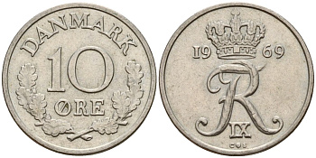 Дания 10 эре 1969 C,S, Фредерик IX (1947-1972) KM 849.1 медно-никель 4152-468