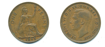 Великобритания 1 пенни 1945 Георг VI (1936-1952) KM 845, Spink 4114 бронза 4383-726