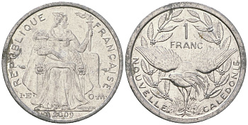Французская Новая Каледония 1 франк 2009 птица кагу, (IEOM) KM 10, Schoen 10 алюминий 35-344