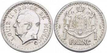 Монако 1 франк 1943 Луи II (1922-1949) KM 120 алюминий 4402-731