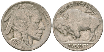 США 5 центов 1936 S, индеец, бизон KM 134 медно-никель 4614-1256