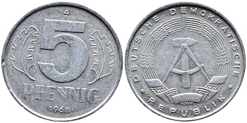 ГДР 5 ПФЕННИГОВ 1968 А KM 9.1 алюминий 4392-415