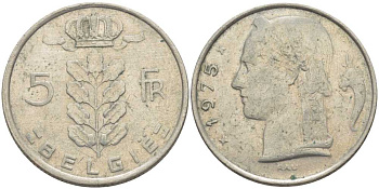 Бельгия 5 франков 1975 Belgie, Бодуэн I (1951-1993) KM 135.1 медно-никель 119-836