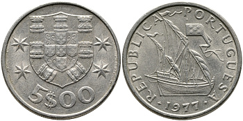ПОРТУГАЛИЯ 5 ЭСКУДО 1977 ПАРУСНИК KM 591 медно-никель 65-1122