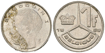 Бельгия 1 франк 1989 Belgique, Бодуэн I (1951-1993) KM 170 железо плакированное никелем 4618-227