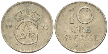 Швеция 10 эре 1973 U, Густав VI Адольф (1950-1973) КМ 835 медно-никель 3955-334