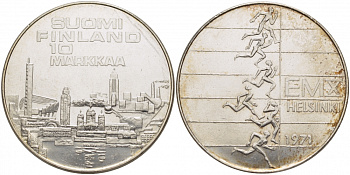 Финляндия 10 марок 1971 S-H, X Чемпионат Европы по легкой атлетике KM 52 серебро 118-533