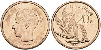 Бельгия 20 франков 1981 Belgique, Бодуэн I (1951-1993) KM 159 никель бронза UNC 189-922