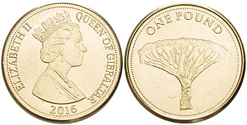 Гибралтар 1 фунт 2016 драконовое дерево, Елизавета II (1952-2022) KM 5 латунь UNC M3-12