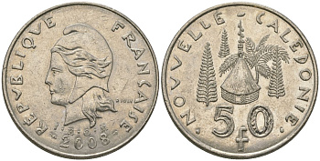 Французская Новая Каледония 50 франков 2008 хижина среди сосен и пальм, (IEOM) KM 13a, Schoen 15a, Lec 128i медно-никель 114-335