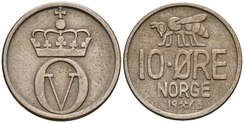 Норвегия 10 эре 1963 Улаф V (1958 - 1991) KM 411 медно-никель 4154-765