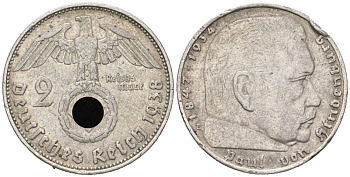 Германия 2 рейхсмарки 1938 D, Гинденбург KM 93, J. 366 серебро 4605-356