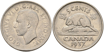 Канада 5 центов 1937 Георг VI (1937-1952) KM 33 никель 4143-534