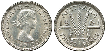 Австралия 3 пенса 1961 m, Елизавета II (1952-2022) KM 57 серебро 71-667