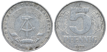 ГДР 5 ПФЕННИГОВ 1975 A KM 9.1 алюминий 62-315