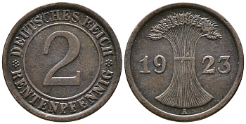 ГЕРМАНИЯ 2 РЕНТЕНПФЕННИГА 1923 A KM 31, J. 307 бронза 24-435
