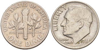 США 10 ЦЕНТОВ = 1 ДАЙМ 1968 РУЗВЕЛЬТ KM 195a медь плакированная медно-никелем 187-1045