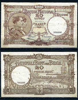 Бельгия 20 франков 1947 01.04.1947, Король Альберт I и его жена Королева Елизавета, Гран-Плас / Гроте Маркт, Брюссель Pick 111 (3) бумага 6301-18-3-1