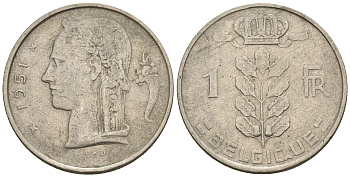 Бельгия 1 франк 1951 Belgique, Бодуэн I (1951-1993) KM 142.1 медно-никель 259-1036