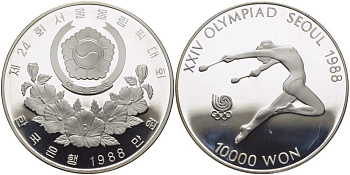 Южная Корея 10000 вон 1988 XXIV Летние Олимпийские игры в Сеуле 1988 года, художественная гимнастика KM 74 серебро PROOF 00-00