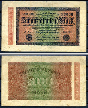 Германия 20000 марок 1923 20 февраля 1923, водяной знак L Pick 85 a бумага 8564-18-1-2