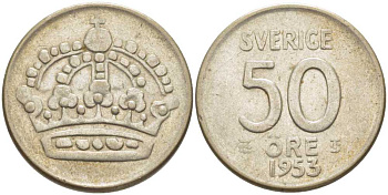 Швеция 50 эре 1953 TS, Густав VI Адольф (1950-1973) KM 825 серебро 119-1056