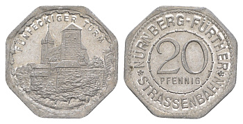 Нюрнберг трамвайный (транспортный) жетон в 20 пфеннигов ND (1920-1921) пятиугольная башня Men05 19256.12, Men18 24102.12 алюминий aUNC 3459-517
