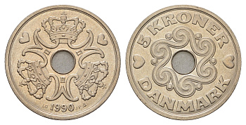 Дания 5 крон 1990 Маргрете II (1972-2024) KM 869 медно-никель UNC 175-551