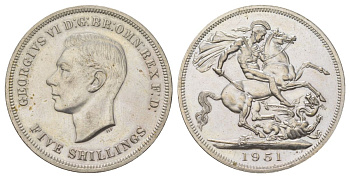 Великобритания 1 крона (5 шиллингов) 1951 Георг VI (1936-1952), фестиваль Британии, Георгий Победоносец KM 880, Spink 4111 медно-никель UNC 00-1067-6-44