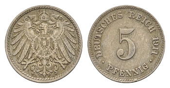 Германия 5 пфеннигов 1911 J, Вильгельм II (1888-1918) KM 11, J.12 медно-никель 4644-1063
