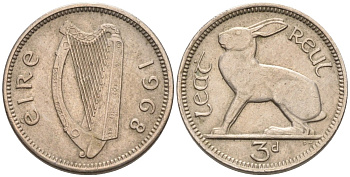 Ирландия 3 пенса 1968 заяц KM 12а медно-никель 92-242