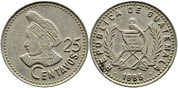 Гватемала 25 сентаво 1985 большая голова, Республика Гватемала KM 278.5 медно-никель 4389-413