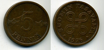 ФИНЛЯНДИЯ 5 ПЕННИ 1976 KM 45 медь 61-1222