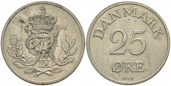 Дания 25 эре 1954 N; S, Фредерик IX (1947-1972) KM 842.1 медно-никель 86-1145