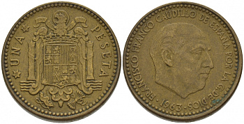 Испания 1 песета 1963 (64) Франсиско Франко (1939-1975) KM 775 алюминиевая бронза 3457-715