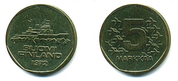 Финляндия 5 марок 1972 S, КОРАБЛЬ KM 53 алюминиевая бронза 3334-143