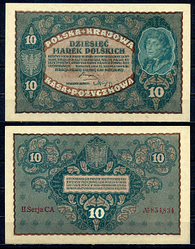 Польша 10 марок 1919 Pick 25 (1) бумага UNC (пресс) 7552-24-1-2